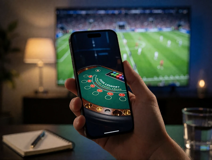 Smartphone mit laufendem Live-Blackjack-Tisch vor einem Fernseher mit Fu&szlig;ballspiel als Second-Screen-Nutzung am Matchday