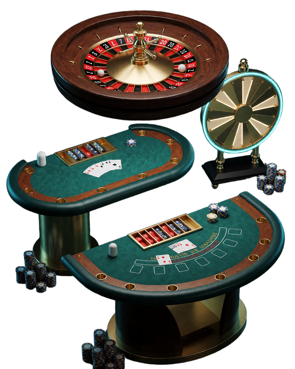 Freigestellte Live-Casino-Tische mit Roulettekessel, Blackjack-Tisch, Baccarat-Shoe und Game-Show-Rad als &Uuml;bersicht der Live-Spielkategorien