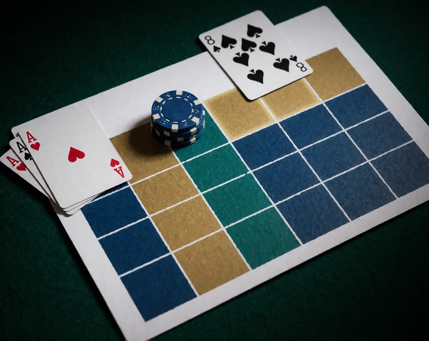Blackjack-Strategietabelle als farbige Entscheidungsmatrix auf gr&uuml;nem Filz mit Spielerhand, Dealerkarte und Chips