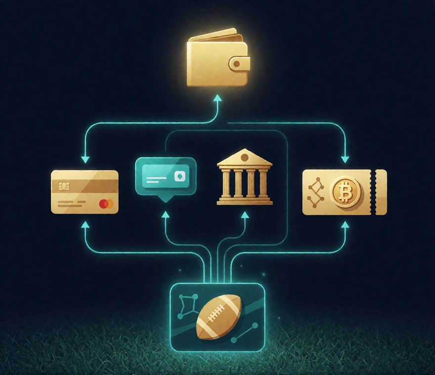 Diagramm der Zahlungswege bei Zoccer: Karte, E-Wallet, Bank&uuml;berweisung, Prepaid-Voucher und Krypto f&uuml;hren vom Spielerwallet zum Casinokonto