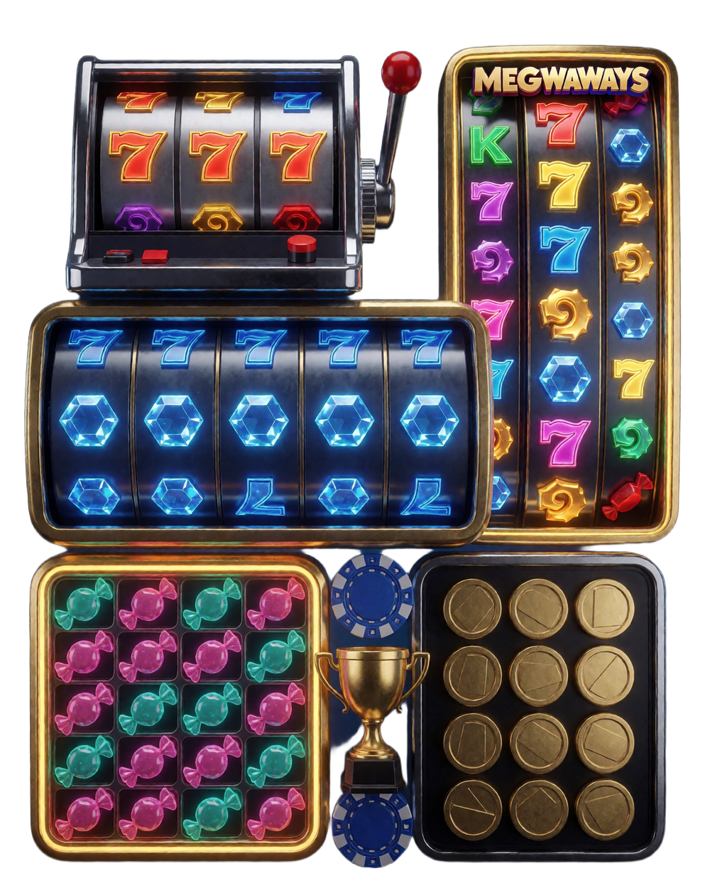 F&uuml;nf leuchtende Slot-Module f&uuml;r Klassiker, Video-Slots, Megaways, Cluster Pays und Hold & Win als &Uuml;bersicht der Online Slots bei Zoccer